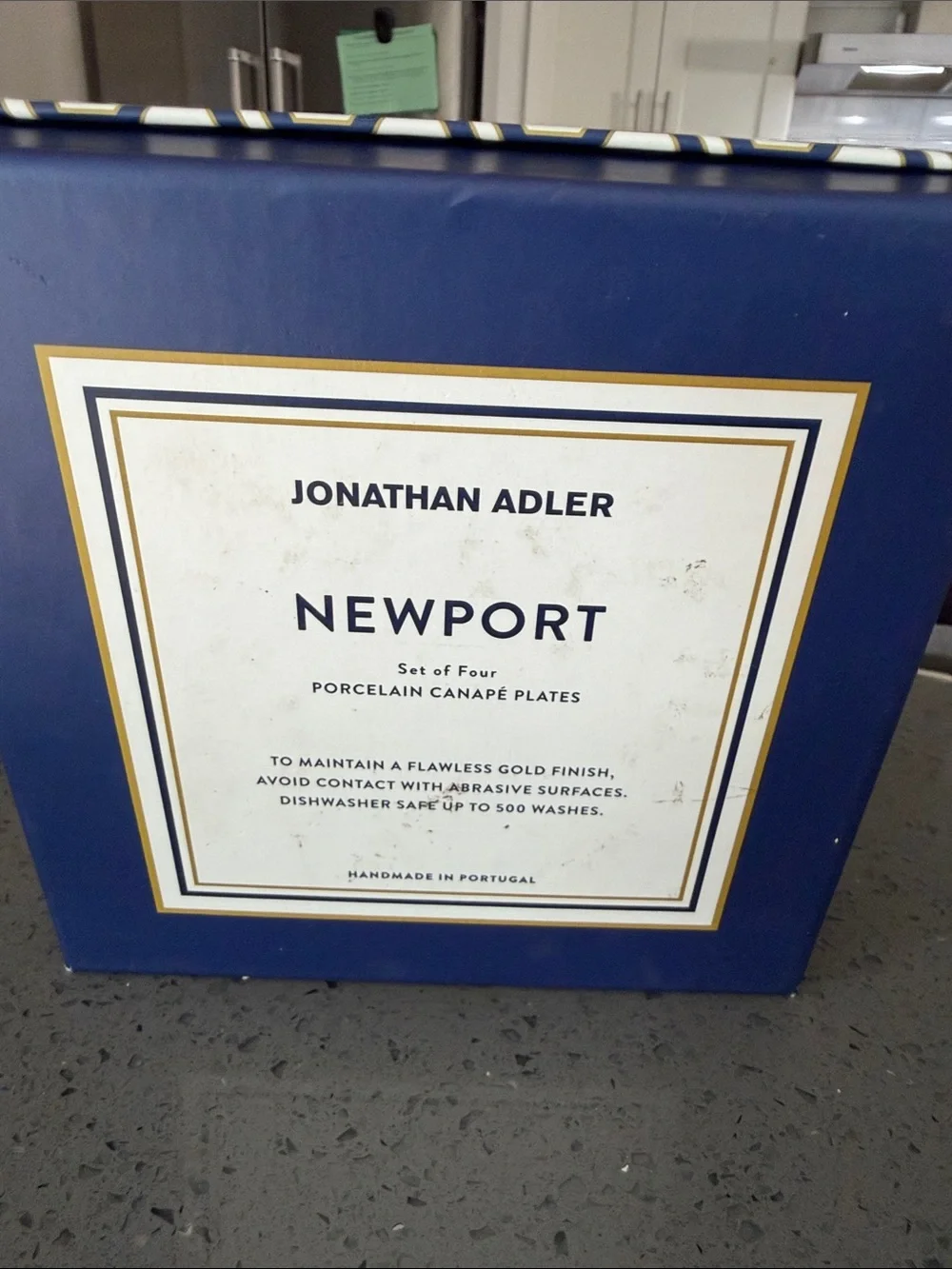 Jonathan Adler Newport Hexagon Porcelain Plates - Blue, Light Blue & Gold Trim